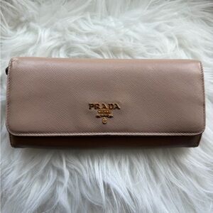 Prada Pink-Beige Saffiano Leather Flap Continental Wallet with Gold Logo